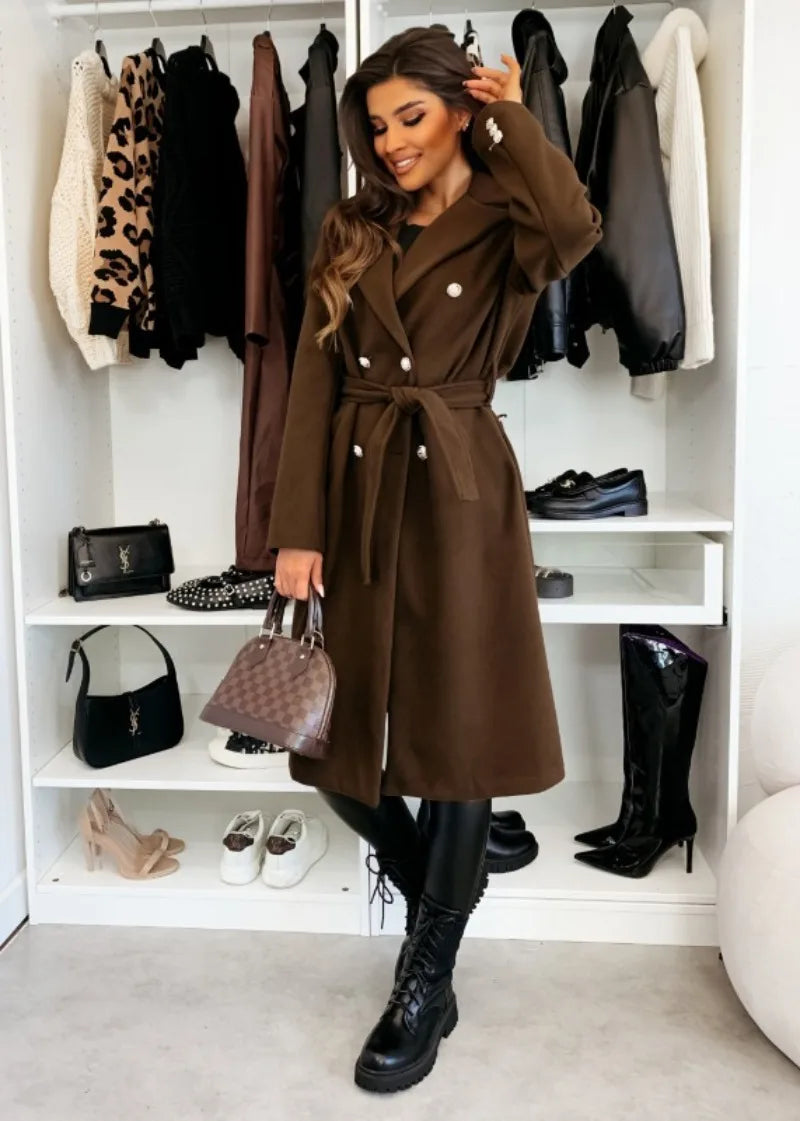 Luxury Long Wool Coat for Women with Belt
