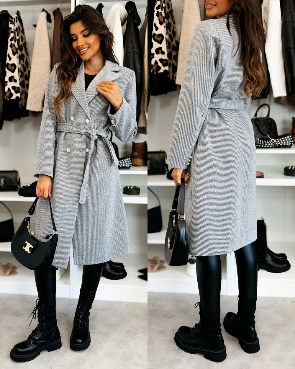 Luxury Long Wool Coat for Women with Belt
