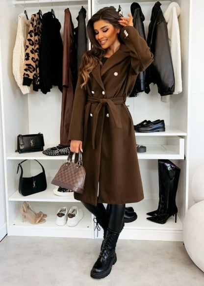 Luxury Long Wool Coat for Women with Belt